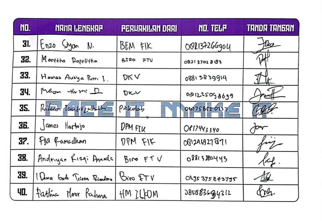 Daftar Hadir Hari Pertama